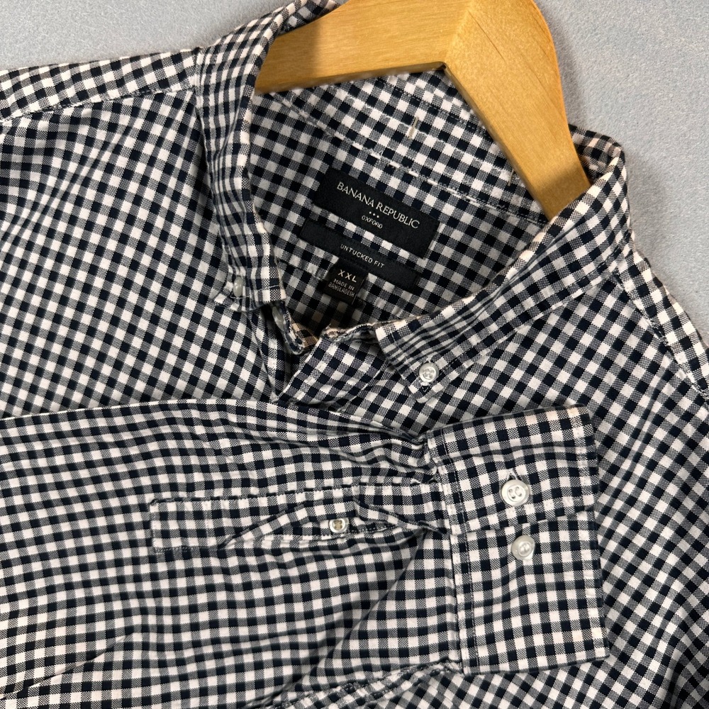 Mens XXL Banana Republic Oxford Untucked Fit Shirt Black White Gingham Check